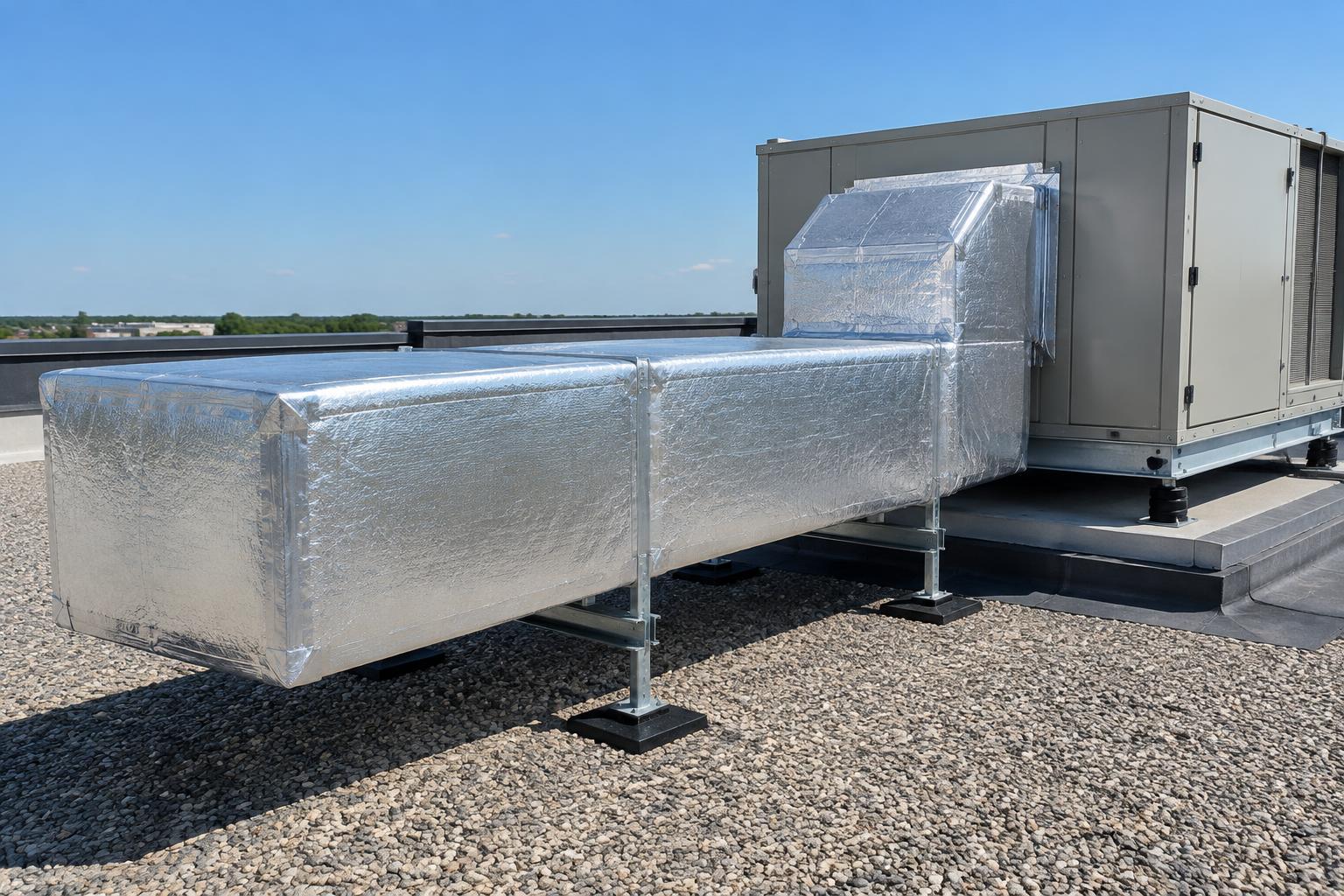 Foil-faced ductwork insulated beside a rooftop air handling unit