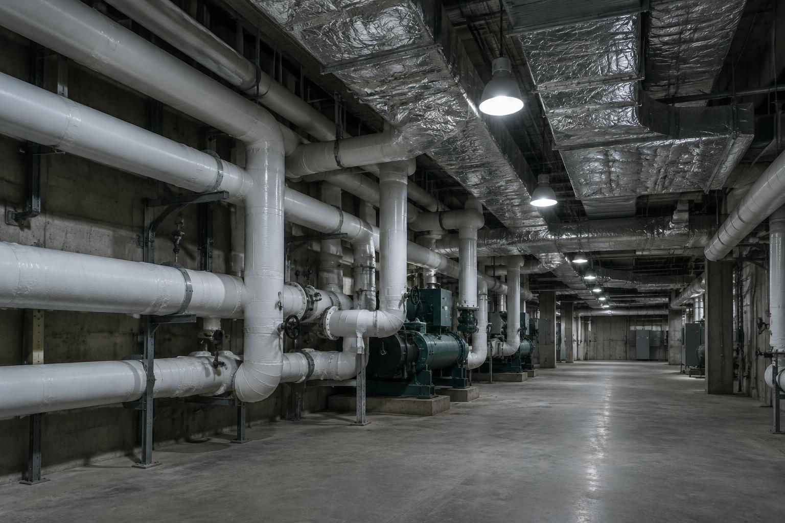 Insulated chilled water piping and foil-faced ductwork in a commercial mechanical room